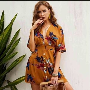 SHEIN Mustard Floral Button-Down Midi Dress